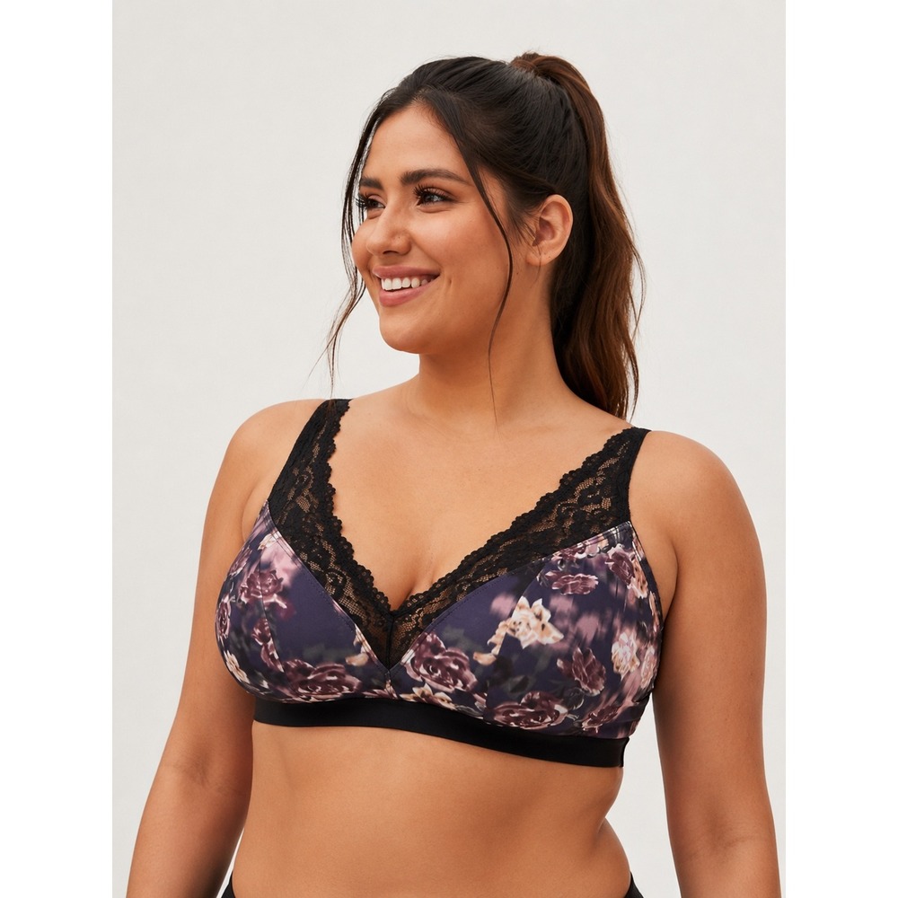 Lace-Trim Floral Bralette in Purple and Black